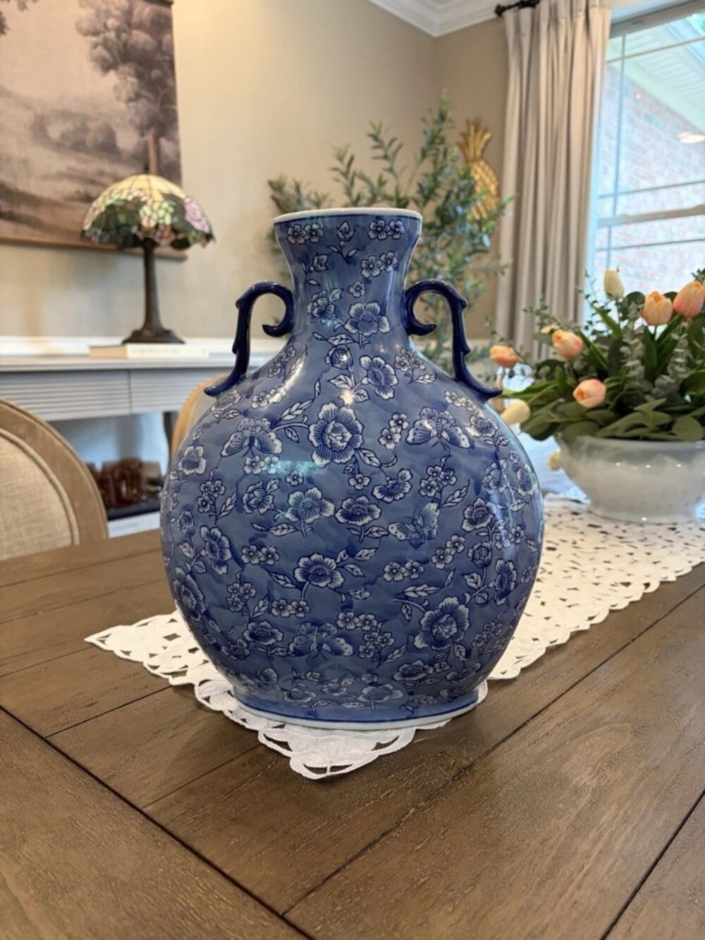 Blue White Chinoiserie Ginger Jar Double Handle Floral Butterfly